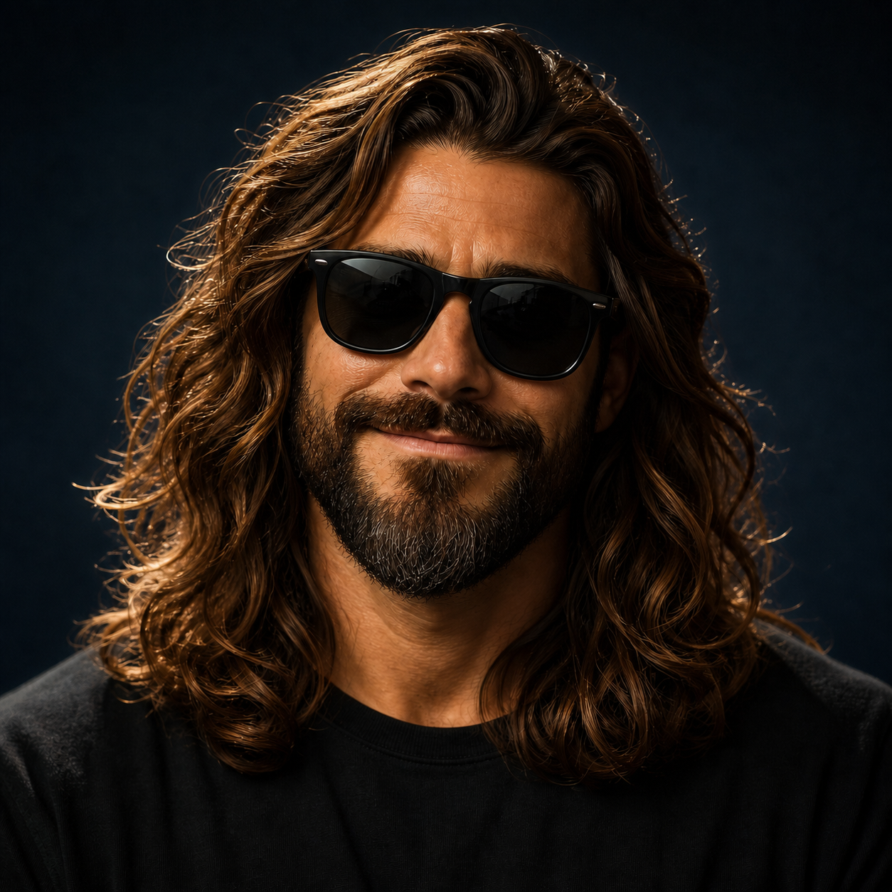 Artist's portrait of Steve wearing sunglasses